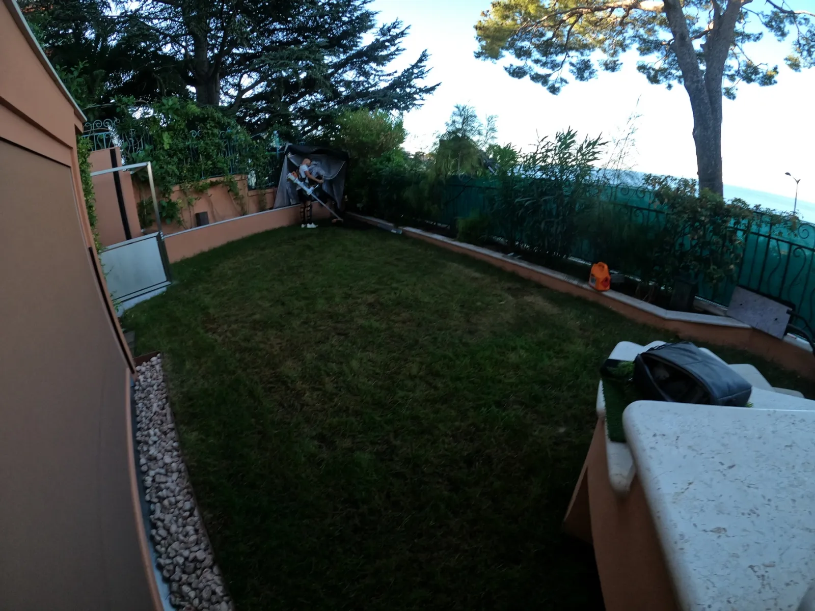 Pelouse naturelle dégradée avant transformation en putting green à Nice (06) – vue mer