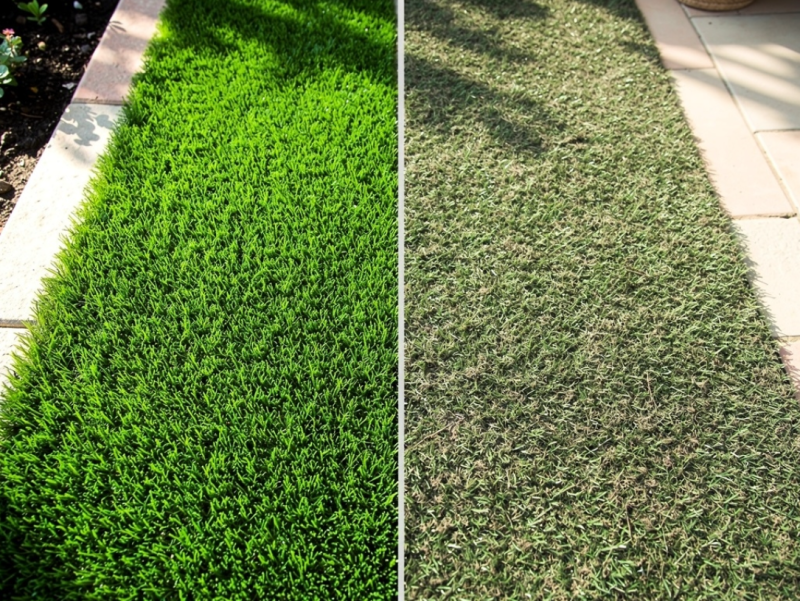 2 bandes de gazon synthétique, l'une traitée, l'autre pas, avec la brosse nettoyante aspirante