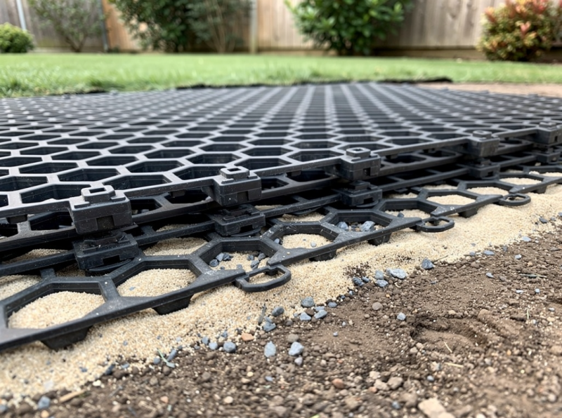 Vue d'ensemble montrant plusieurs dalles stabilisatrices pour gazon synthétique, emboîtées