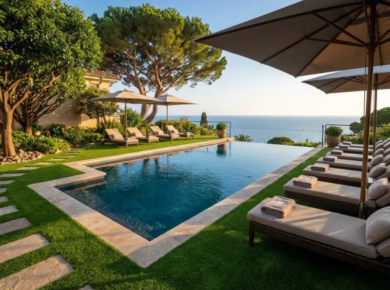 Gazon synthétique haut de gamme pour contour de piscine et jardin de villa de prestige