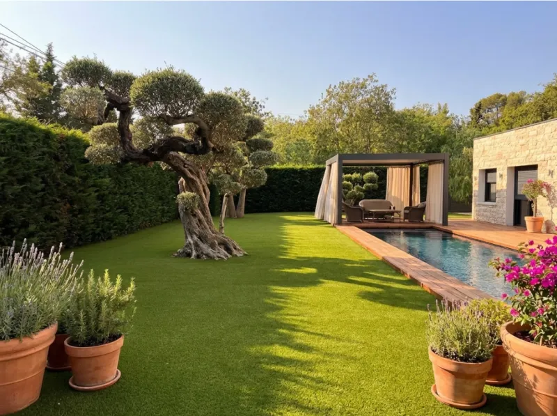 Gazon synthétique naturel pour jardin méditerranéen avec rendu paysager haut de gamme