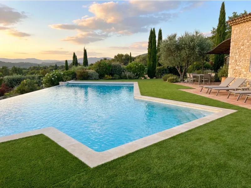 Gazon synthétique 40 mm autour d’une piscine pour un confort pieds nus au quotidien