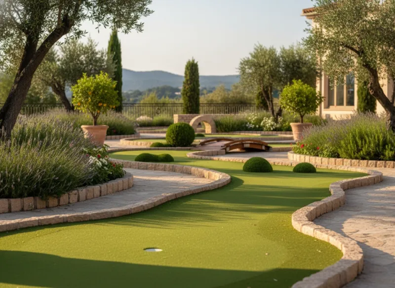 Mini-golf de loisir en gazon synthétique dans un cadre paysager haut de gamme, pensé pour un camping, un hôtel ou un parc de loisirs