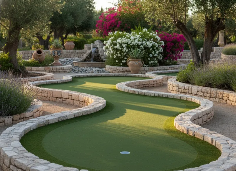 Parcours de mini-golf en gazon synthétique utilisé dans un établissement touristique
