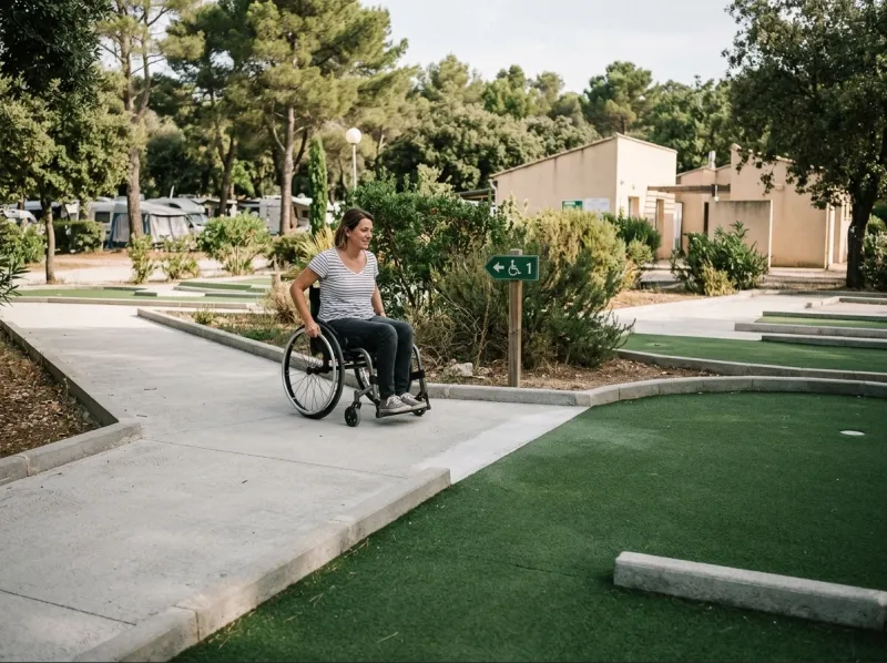 Création de mini-golf en gazon synthétique pour camping avec accès PMR dans le Var.