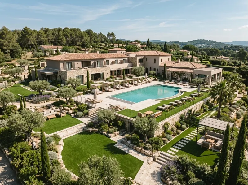Hôtel de luxe en région PACA avec installations multiples de gazon synthétique professionnel : intégration paysagère sophistiquée combinant zones de piscine, espaces détente et jardins méditerranéens pour établissements hôteliers haut de gamme