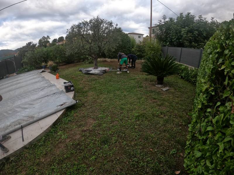 Pose de gazon artificiel de qualité autour d'un arbre avec pas japonais en travertin à La Roquette vers Cannes