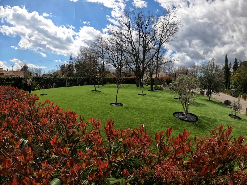 Mise en place de 550m² de gazon AZUR 40mm à St Cézaire, proche de Mougins avec conservation des arbres
